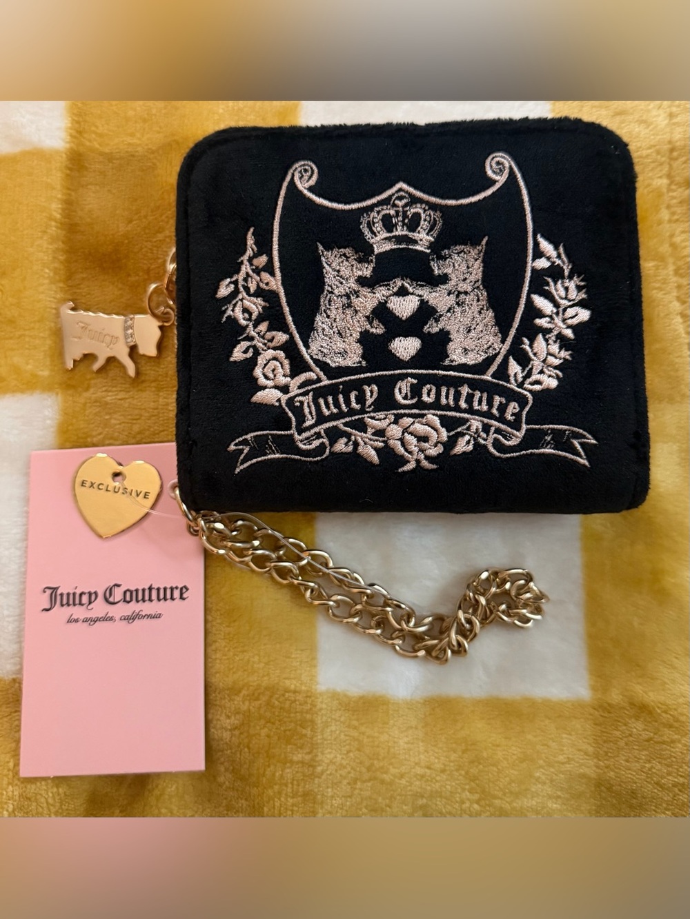 Juicy Couture Black Velvet Crest Card Holder with Gold Chain